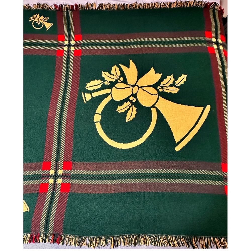 VTG Christmas Throw Blanket Green Gold Horn Holiday Traditional Cabin Grandma